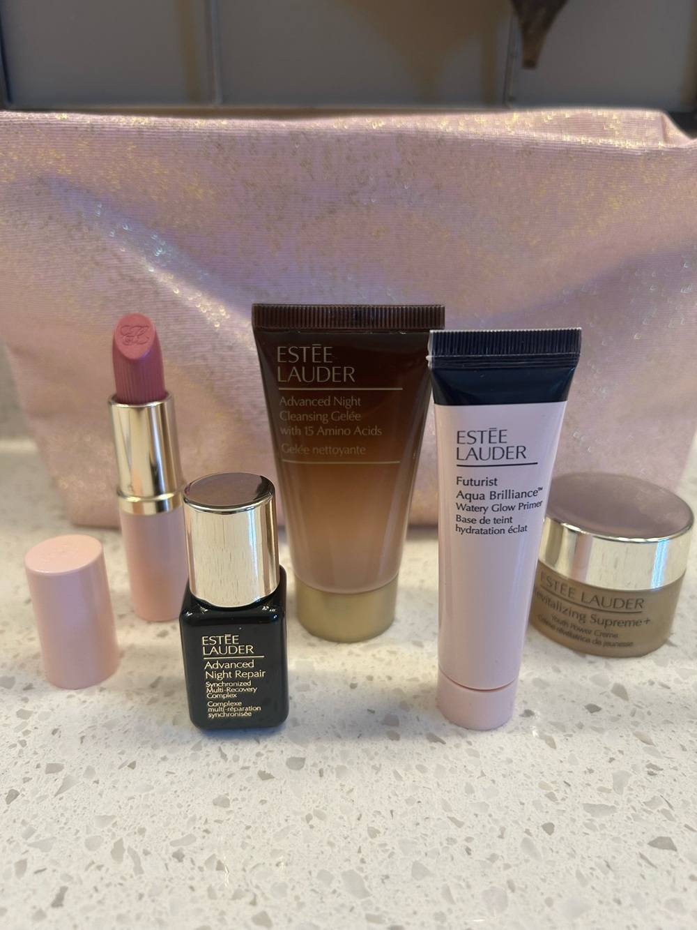 Estee Lauder Pink Lipstick & Skincare Travel Gift Set with Travel Bag